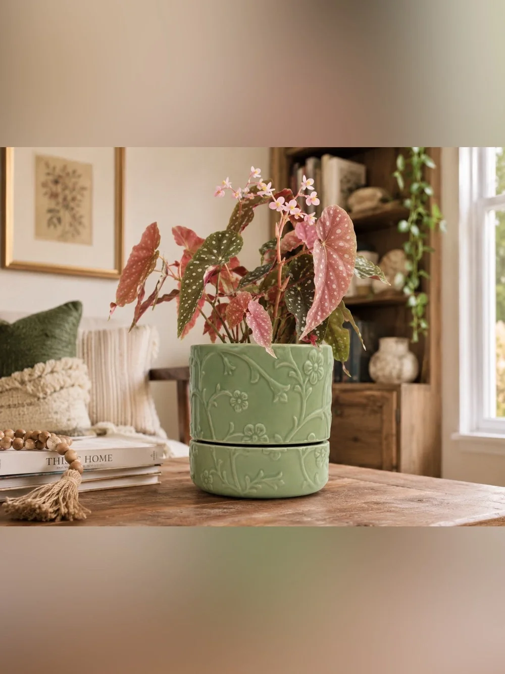 Green Ceramic Floral Planter with Attached Saucer & Drainage Hole